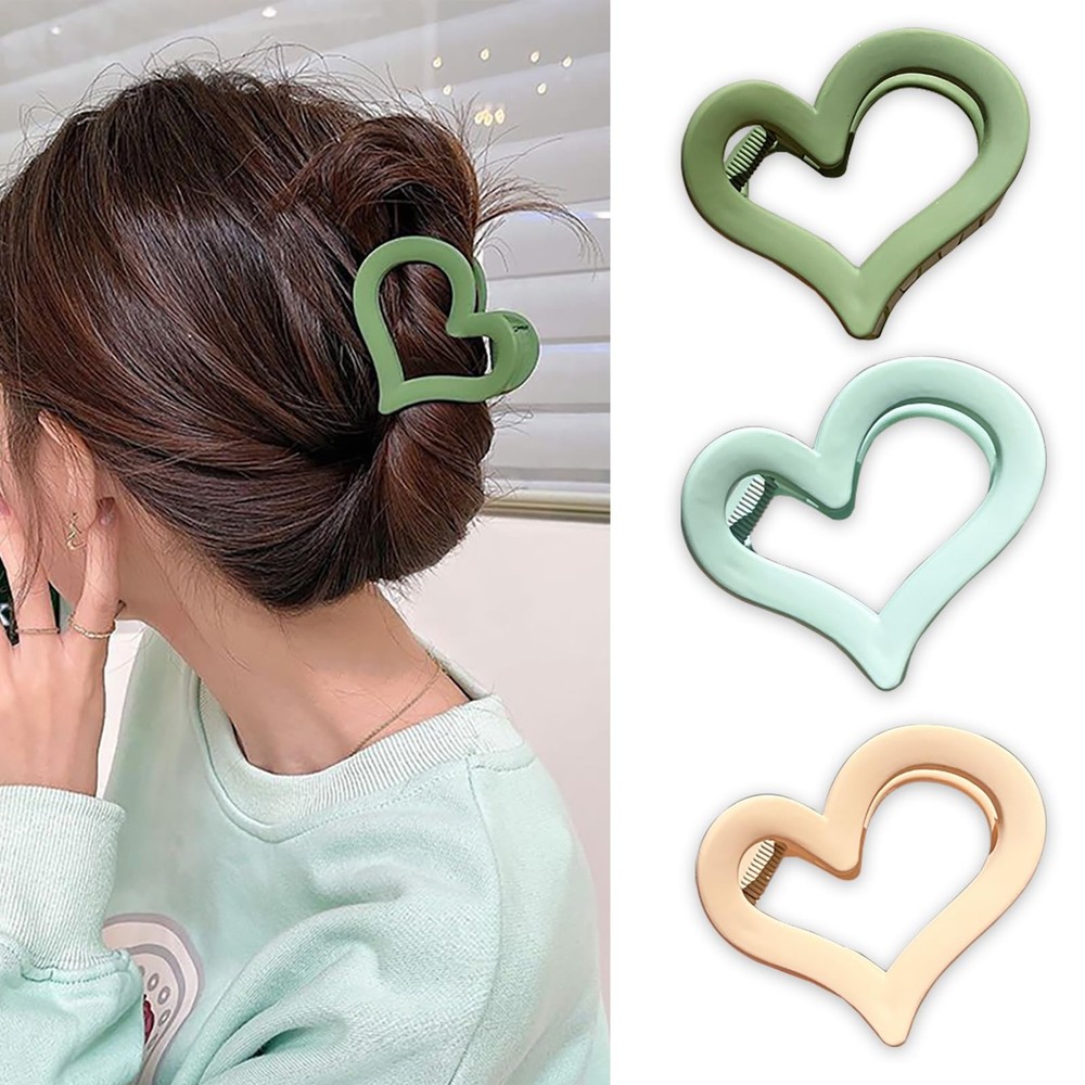 3Pcs Heart Hair Claw Clips for 1 Count (Pack of 3), Beige, Mint Green, Green