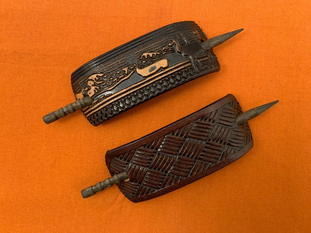 2 Leather Hair Barrettes w Sticks, Ponytail, Deer Buck Nature, Handcrafted #232