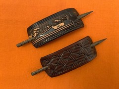 2 Leather Hair Barrettes w Sticks, Ponytail, Deer Buck Nature, Handcrafted #232