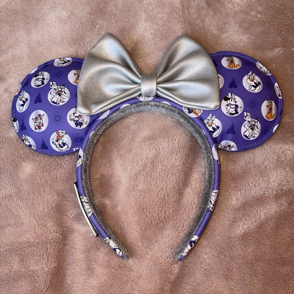 Minnie Mouse Purple Padded Fabric Ear Headband, Character Print Ears Silver Bow