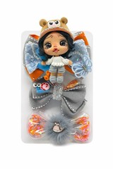 Girls Hair Bow Clip Set Cute Doll Bear Theme Gray Orange Lace Kids Accessory