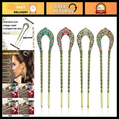 Vintage French Hair Pins Set – 4 Metal U-Shaped Double Prong Forks with Rhinesto