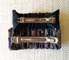 Fabric Barrette Black Blue Paisley 3 & 3.5″ long Scrunched