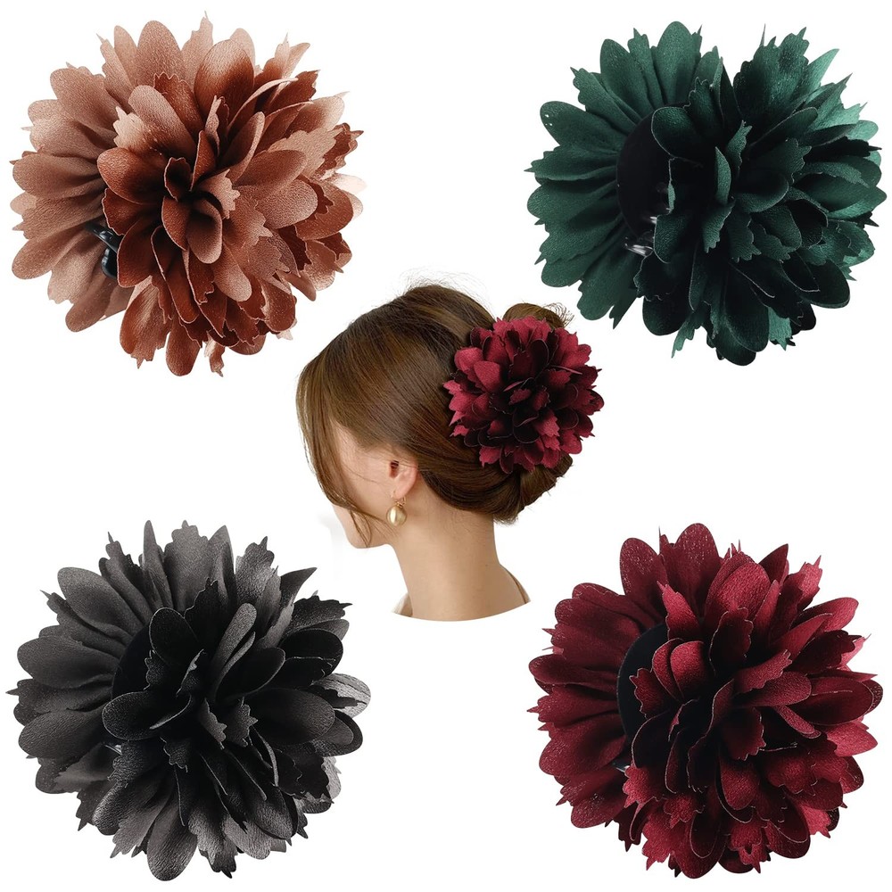 Cinaci 4 Pack Big Large Satin Rose Flower Plastic Hair Claws Clips with Bow Barr