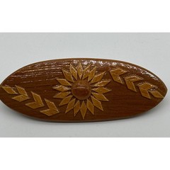 Vintage Carved Wooden Sunflower Hair Barrette Brown Oval French Clip Boho Flower