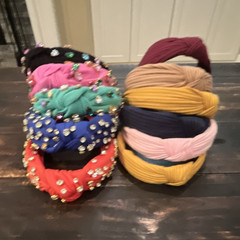 Women’s Multicolor Fabric Knotted Turban Headband with Beaded Accents Solid