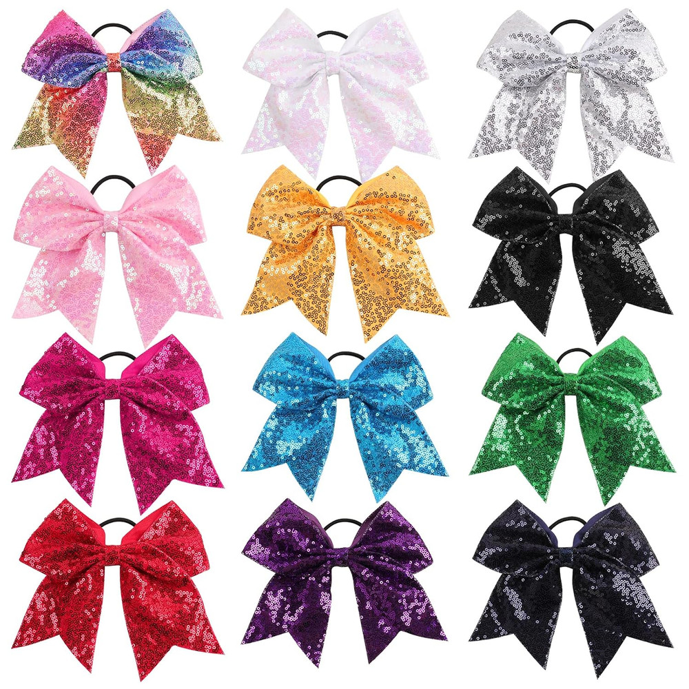 Large Glitter Cheer Hair Bows Ponytail Holders Elastic Bands 7 Inches Teen Girls