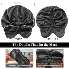 2-in-1 Satin Sleep Bonnet & Eye Mask, Adjustable Silk Hair Cap Large, Black