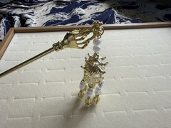 Luminous Gold Tone Hair Pin with Dangling Pagoda Charm & White Beaded Accents