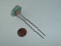 VINTAGE PINK BLUE WHITE GLASS BEAD METAL HAIR STICK PIN UP DO HAIR ACCESSORY