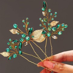 3 PCS Emerald Green Bride Wedding Rhinestone Hair Pins Gold Leaf Piece