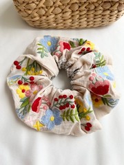 Floral Embroidery Hair Scrunchie, Handmade Cotton Hair Tie, Cottagecore Hair Gif