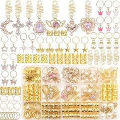 156Pcs Pink Crystal Dreadlock Jewelry, Gold Hair Cuffs & Coils, Braids Decor