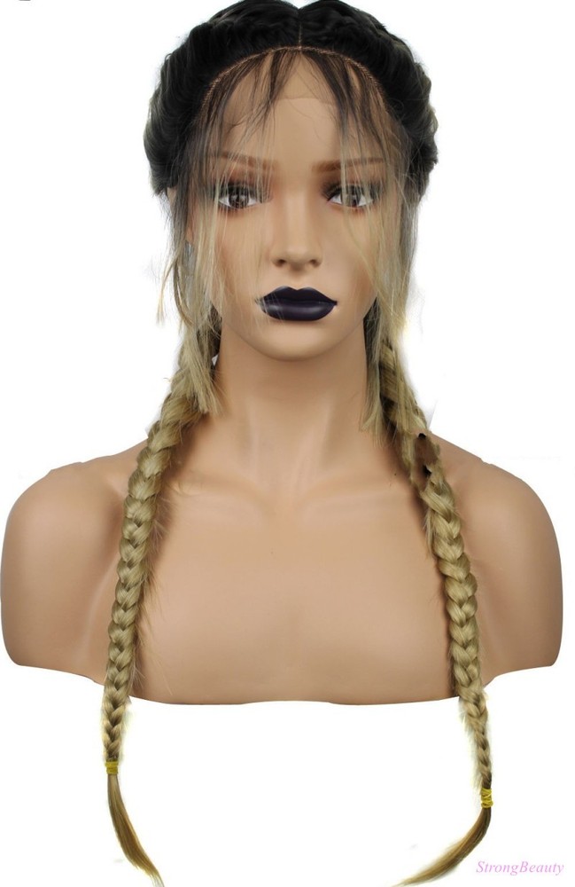 Fashion Synthetic Baby Hair Braided Lace Front Wig Long Black Ombre Blonde Wigs
