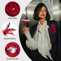 2 Pcs Floral Hair Clip Flower Feather Brooch Red with Black Feathers