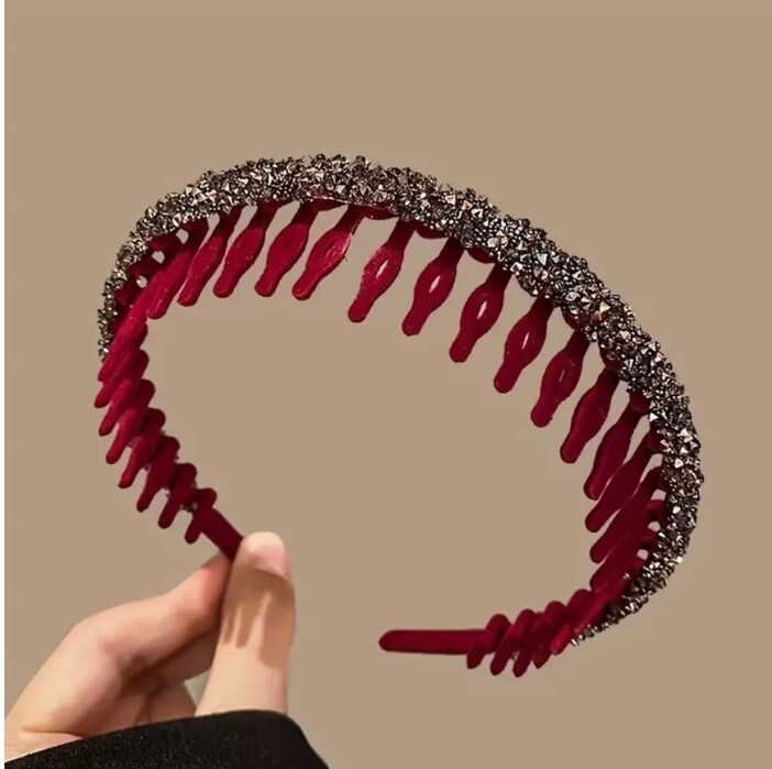 Red Headband Silver Glitter Beaded Embellished Women Teen Hairband Accessory