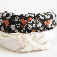 Isla Black Floral and White Satin Headbands Set