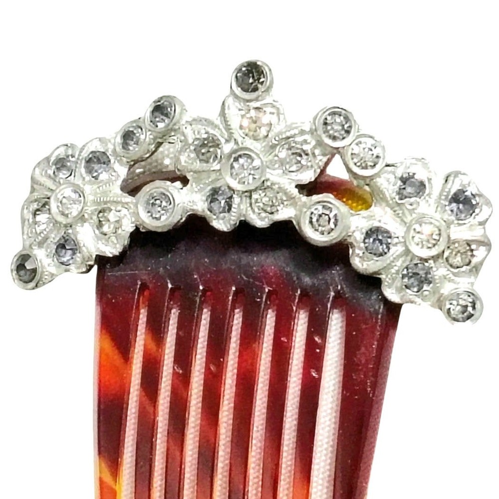1920s Comb Tortoise Shell Celluloid Metal Gemstone Flower Adorned Hair Accessory