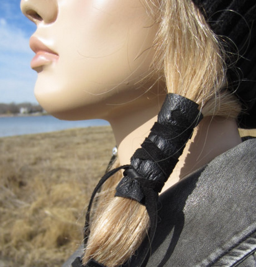 Ponytail Holder Leather Hair Tie Wrap Cuff BOHO Bohemian Clothing Jewelry Orange