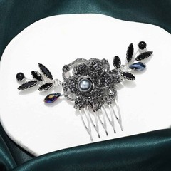Black Wedding Hair Comb Silver Rhinestone Bridal Piece Crystal Evening