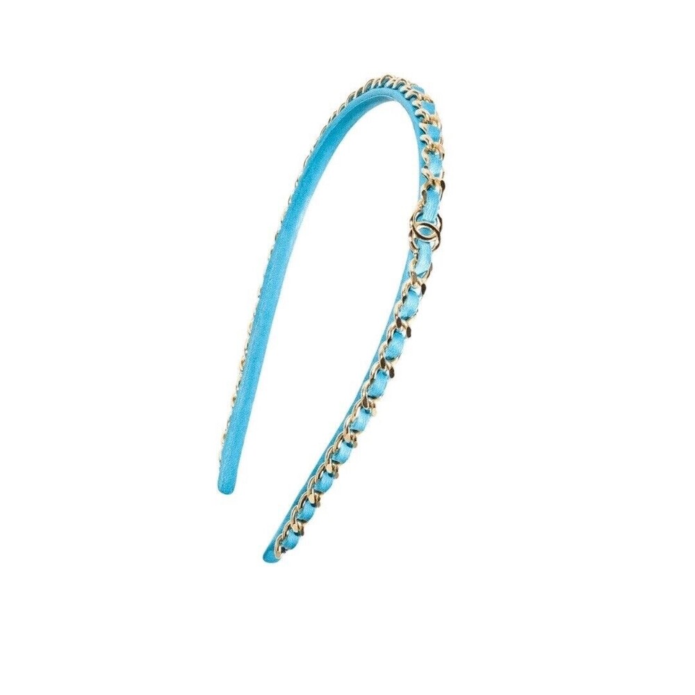 Authentic Chanel 22S Blue Leather/Gold Chain CC Logo Headband Hair Accessory