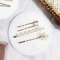 Cutout Flower Hair Clips w/ White Rhinestone Faux Pearls Gold Hair Barrettes