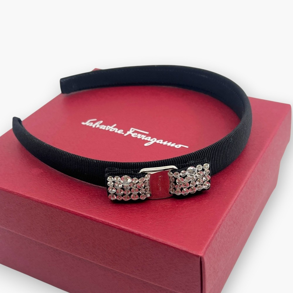 Salvatore Ferragamo Vara Bow Rhinestone Crystal Headband Black Silver Box