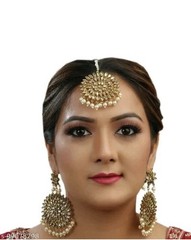 Indian Bollywood Gold Plated Kundan Bridal Mangtika and Earrings Jewelry Set