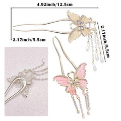 2Pcs U-Shaped Butterfly Hair Sticks with Tassel – Decorative Hair Forks for Buns
