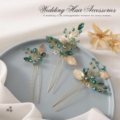 3 PCS Emerald Green Bride Wedding Rhinestone Hair Pins Gold Leaf Piece