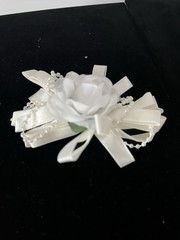 Vintage Small White Ribbon Hair Bow Barrette Updo Clip Faux Pearl & Flower