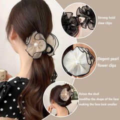 Rannyrena Large Bows Mesh Hair Clips 1 Count (Pack of 1), Pearl Flower Set