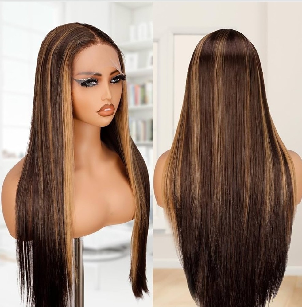 HD TRANSPARENT Lace Wig Long Straight Mix Brown Blond Highlight Human Hair Blend