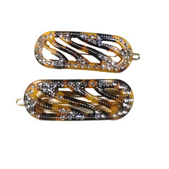 Set of 2 Matching Hair Barrettes Brown Tortoise Shell Color plastic Rhinestone