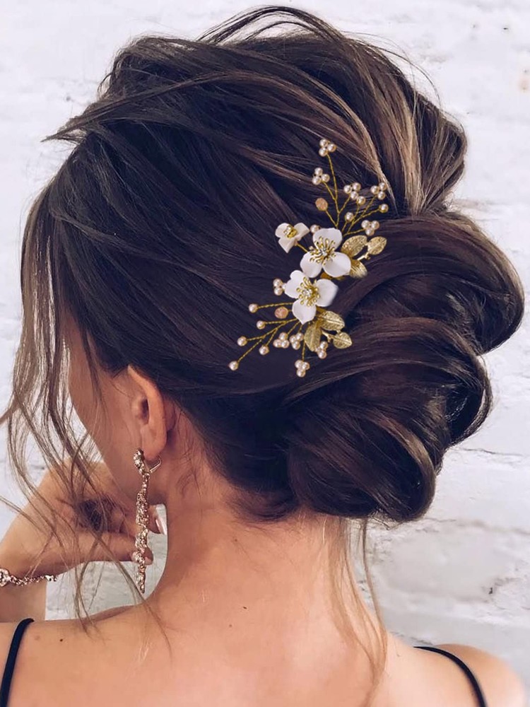 Flower Bride Wedding Hair Piece Gold Leaf Comb Pearl Bridal Accessory HC132