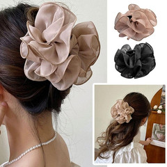 Black Large Chiffon Claw Clip Hair Bow Large Size Black Fabric Ribbon Flower Ros