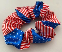 2 pcs SATIN RED WHITE & BLUE PATRIOTIC PONYTAIL SCRUNCHIES FREE USA SHIPPING