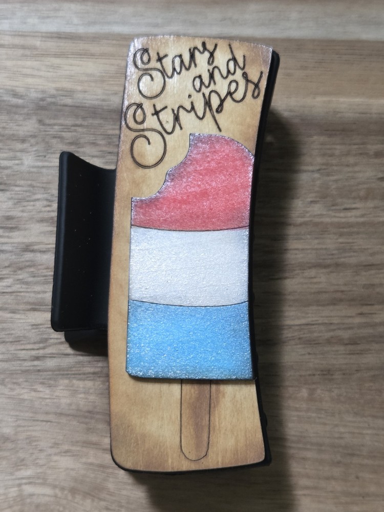 Hand Painted Wood Cut Claw Clip Stars and Stripes 4th of July Bomb Pop 4.1″