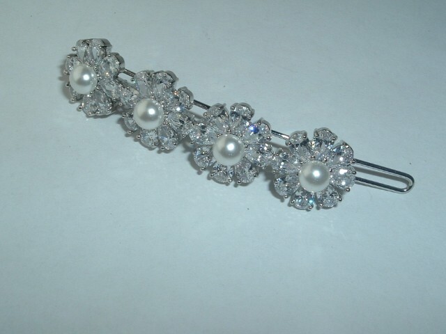 FAUX PEARL & RHINESTONE FLOWER METAL HAIR BARRETTE UP DO ACCESSORY