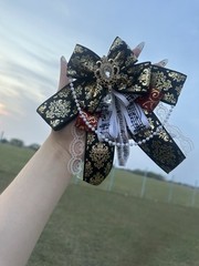 Baroque Black Gold Large Hair Bow with Lace, Gem, Floral & Beaded Accents