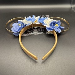 Disney Minnie Mouse Ears Headband Gold Tone Blue/White Floral Flower