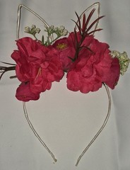 Floral Cat Ear Headband Red Green Fabric Metal for Women Teens Party Festival