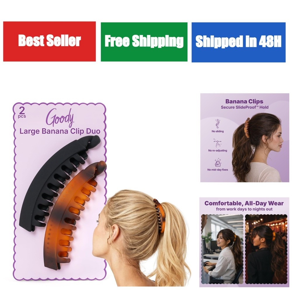 GOODY Large Banana Clip Set – No Crease Hair Clips for Fine Hair