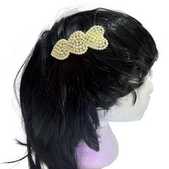 Pearl Hearts Bow Hair Clip Classic Chic Design Elegance Neutral Color
