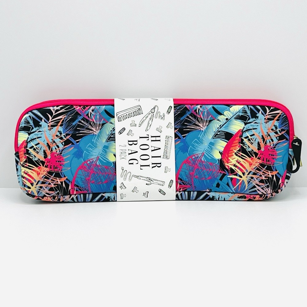 2 Pack Hair Tool Bag Fun Colorful Tropical Blue Beach Zip Closure Travel