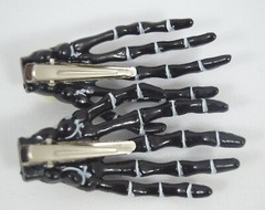 Goth Loli Skeleton Hand Hair Clips with Rose – Set of 2 Cute Spooky Punk Grunge
