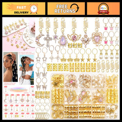 156Pcs Pink Crystal Dreadlock Jewelry, Gold Hair Cuffs & Coils, Braids Decor