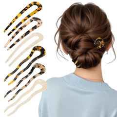 6 Pcs Tortoise Shell French Hair Pins U-Shaped Acetate Bun Sticks for Women