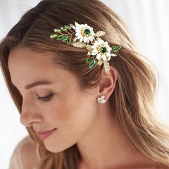 Bridal Hair Clip White Enamel Flower Gold Leaf Crystal Wedding Vine Green