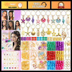 182Pcs Multicolor Seashell Hair Jewelry – Braids Cuffs, Rings, Dreadlock Charms